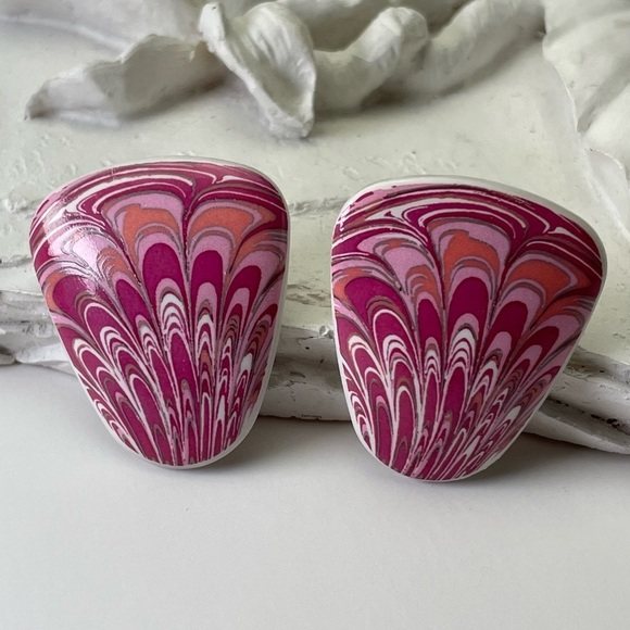 Vintage 90’s Avon Ceramic Enamel Pink Art Swirl Earrings - Picture 6 of 6